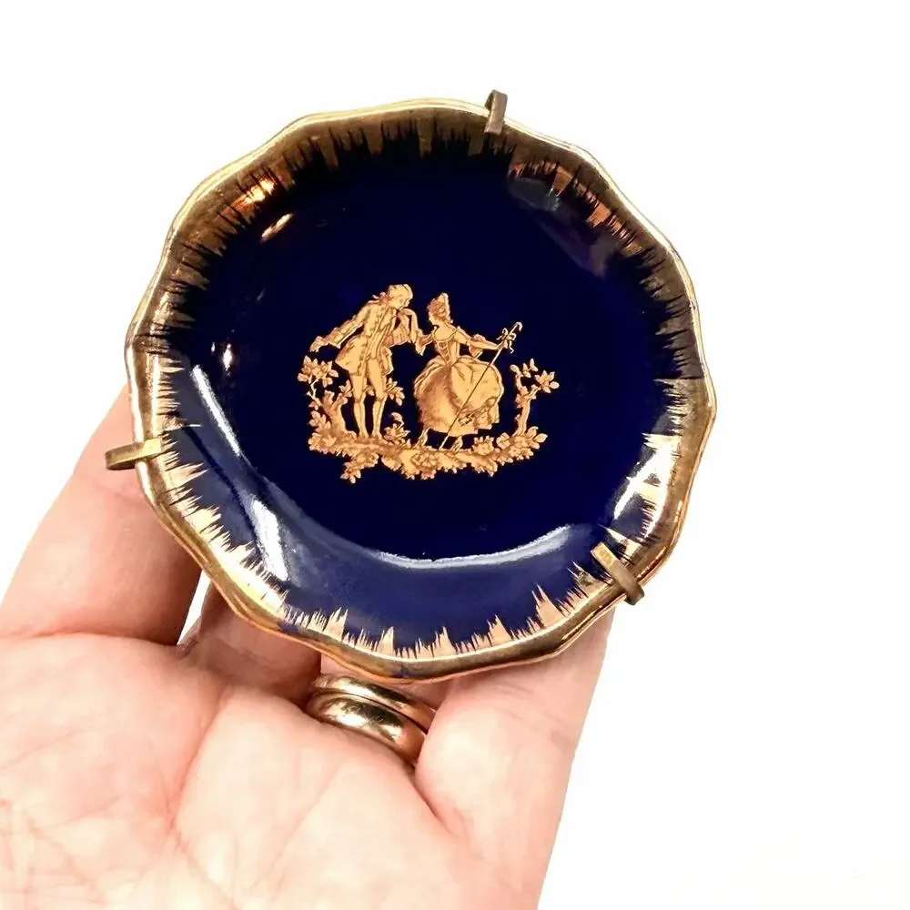 Limoges France Cobalt Blue Romantic Courting Couple Miniature Plate With Stand